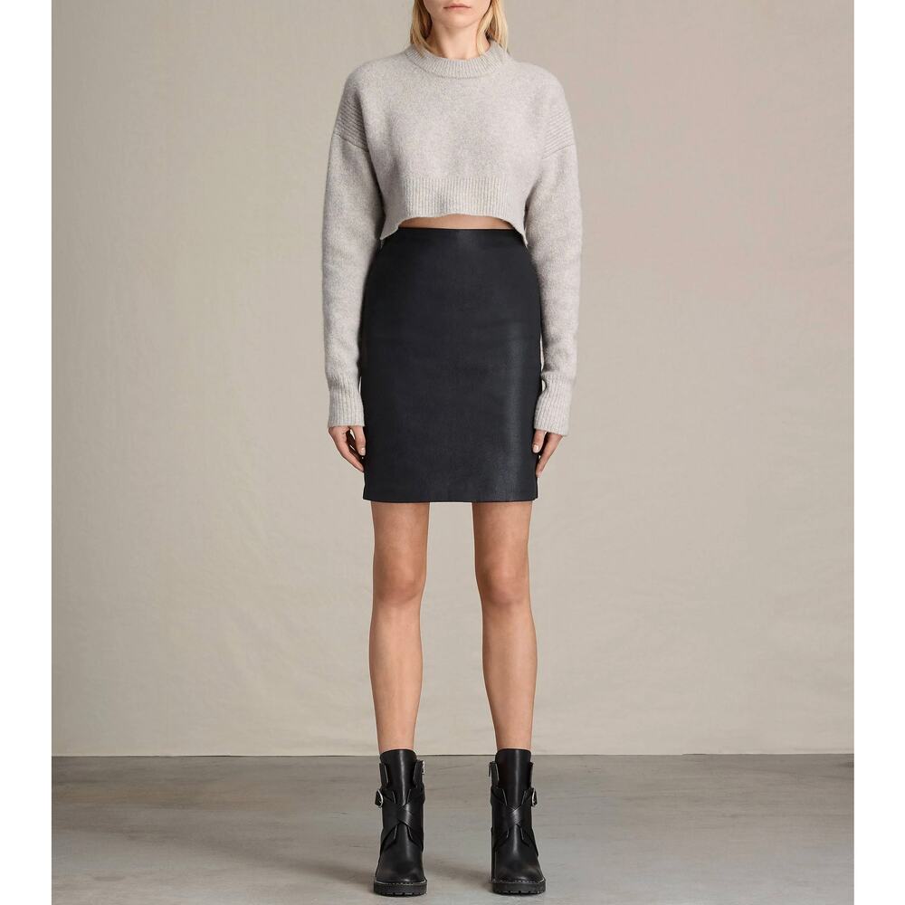 AllSaints Black Coated Denim Pencil Skirt US 6 High Rise Bodycon Slim Fit EUC